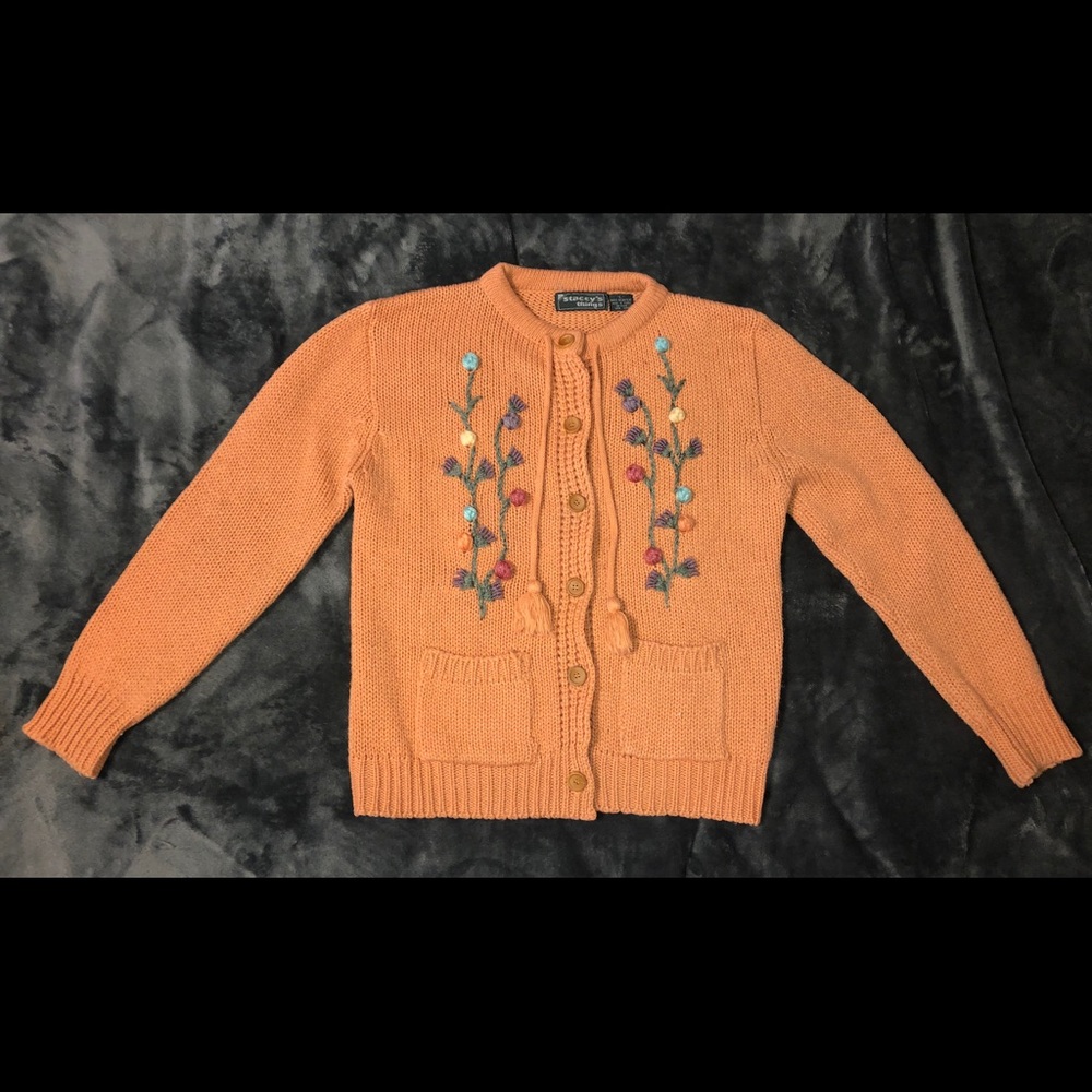 Vintage coral peach plant knit cardigan sweater